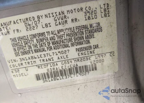 2007 Nissan Sentra 2.0S z USA, uszkodzony, nr VIN 3N1AB61E37L719027